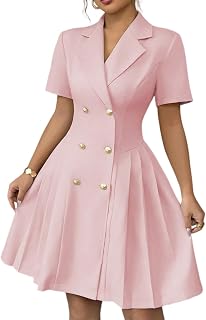 Blazer Dresses for Women Short Sleeve Lapel V Neck Business Dress Double Breasted Loose Fit Office Dress with Pockets