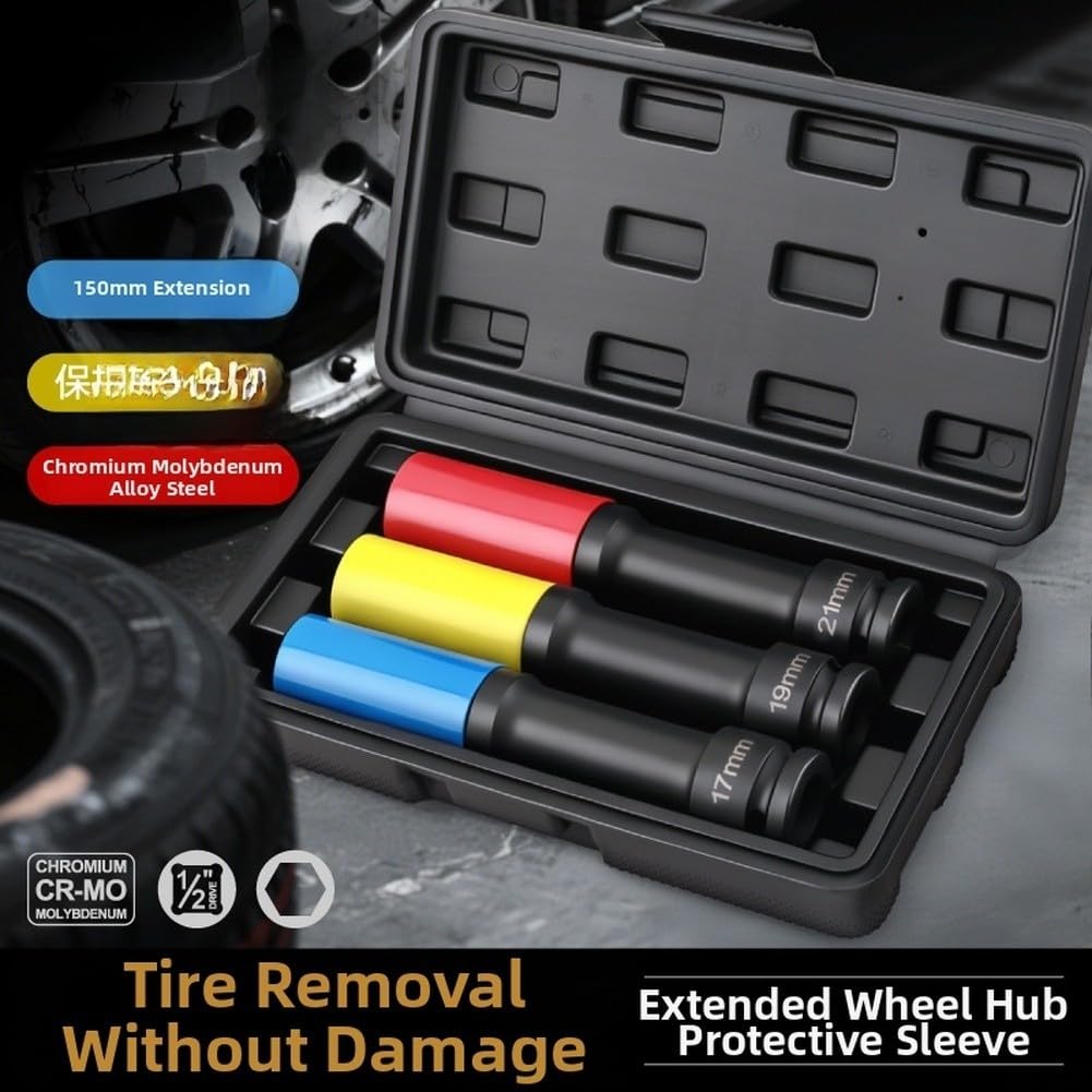 Set di chiavi a bussola estese per ruote da 17 mm, 19 mm, 21 mm – 150 mm di profondità, per bussole a impatto con protezione per cerchione per cambio pneumatici, per cr-v in acciaio 1/2 drive