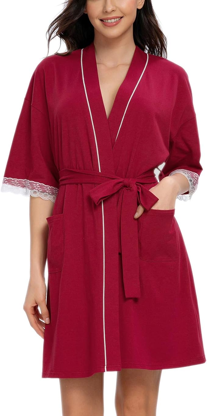 Mintlimit Women's Dressing Gown Half Sleeved Lace Trim Bathrobe