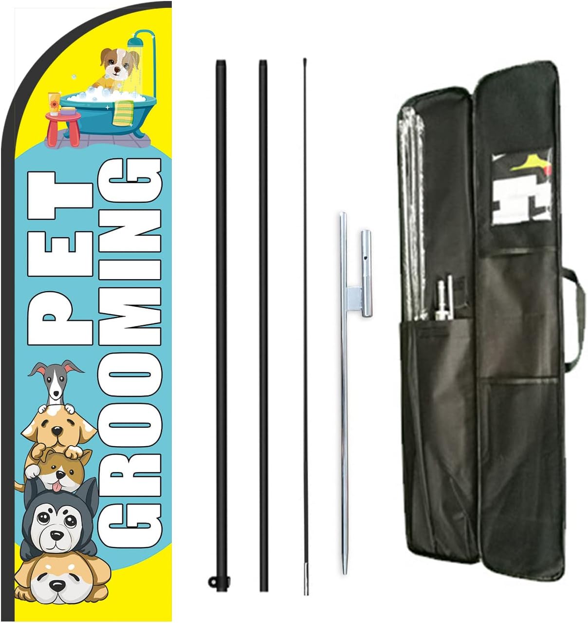 Pet Grooming Feather Flag Pole Kit,Business Advertising For Pet Care Store Include 8 ft Banner Flags and 12 ft Flag Pole Kit,Heavy Duty Ground Stake and Portable Travel Bag