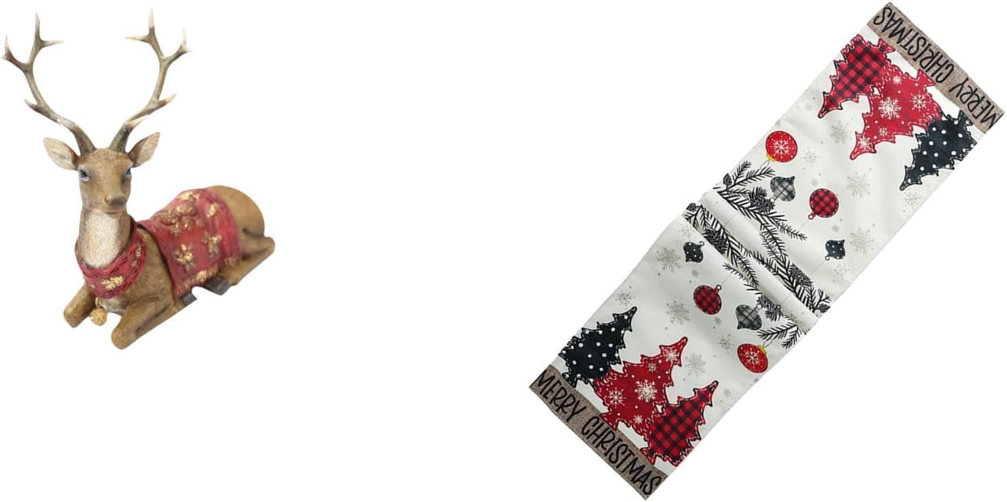 Fenteer Reindeer Figurines Christmas Table Runner Elk Deer Statue Tabletop Ornament with Festive Pattern and Material Suitable for Dining Table