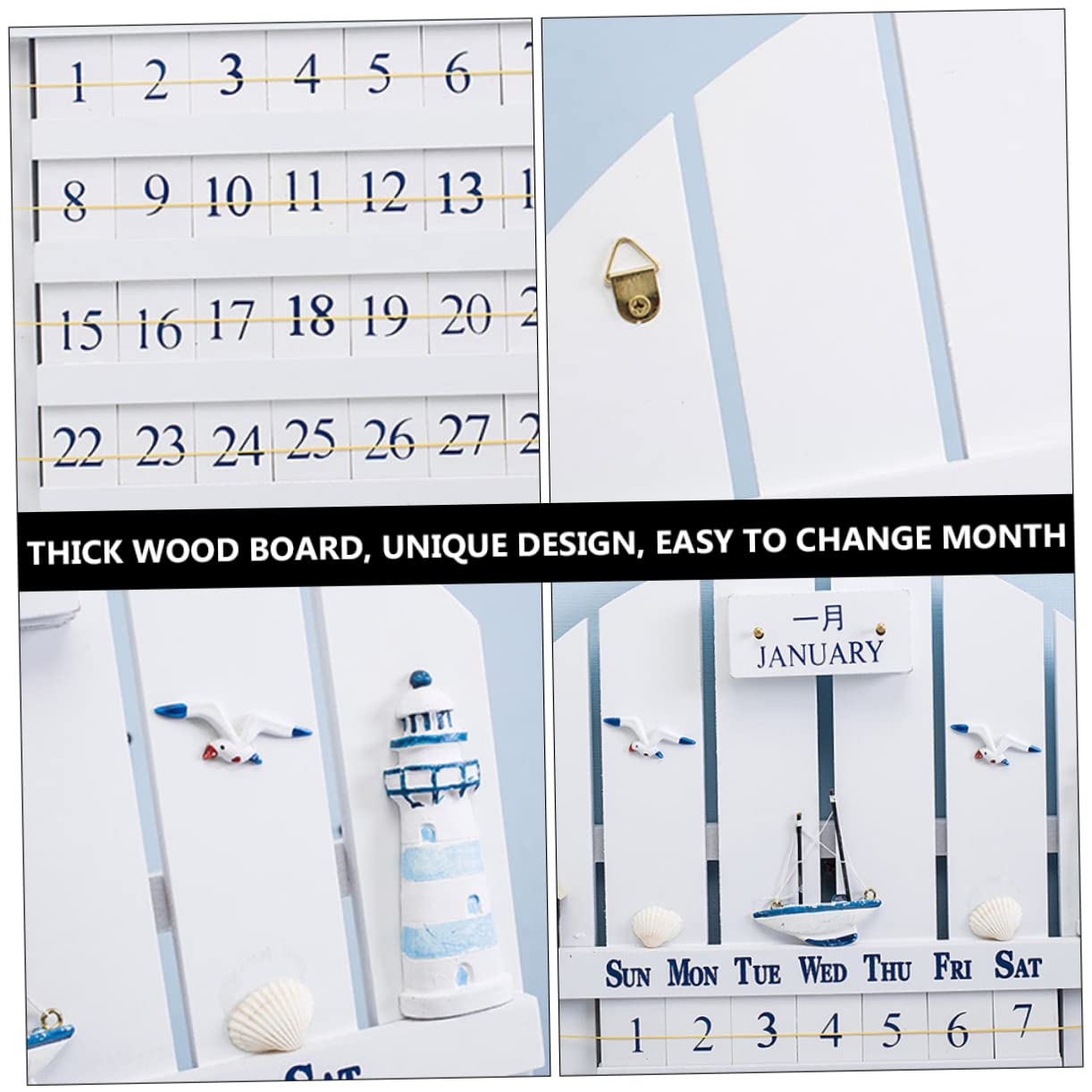 SHINEOFI Calendario Perpetuo y Fácil Cambio de Mes Estilo Mediterráneo de Madera Calendario de Pared Blanco Diseño Único para Decoracion Verano