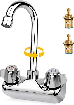 4 Inch Center Wall Mount Commercial Hand Sink Faucet with Ceramic Valve | Kitchen Faucet with 3-1/2" Swivel Gooseneck Spout, Dual Knobs for Bar Restaurant Laundry, Brass Constructed