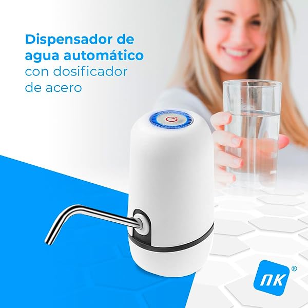 NK Dispensador de Agua Fría Automático, Carga USB, Dosificador de Acero, sin BPA, 1200mAh, Transportable, para Garrafas y Botellas 1.5L, 5.7L, 10L, 11.3L, 15L, 18.9L - Color Blanco - 2
