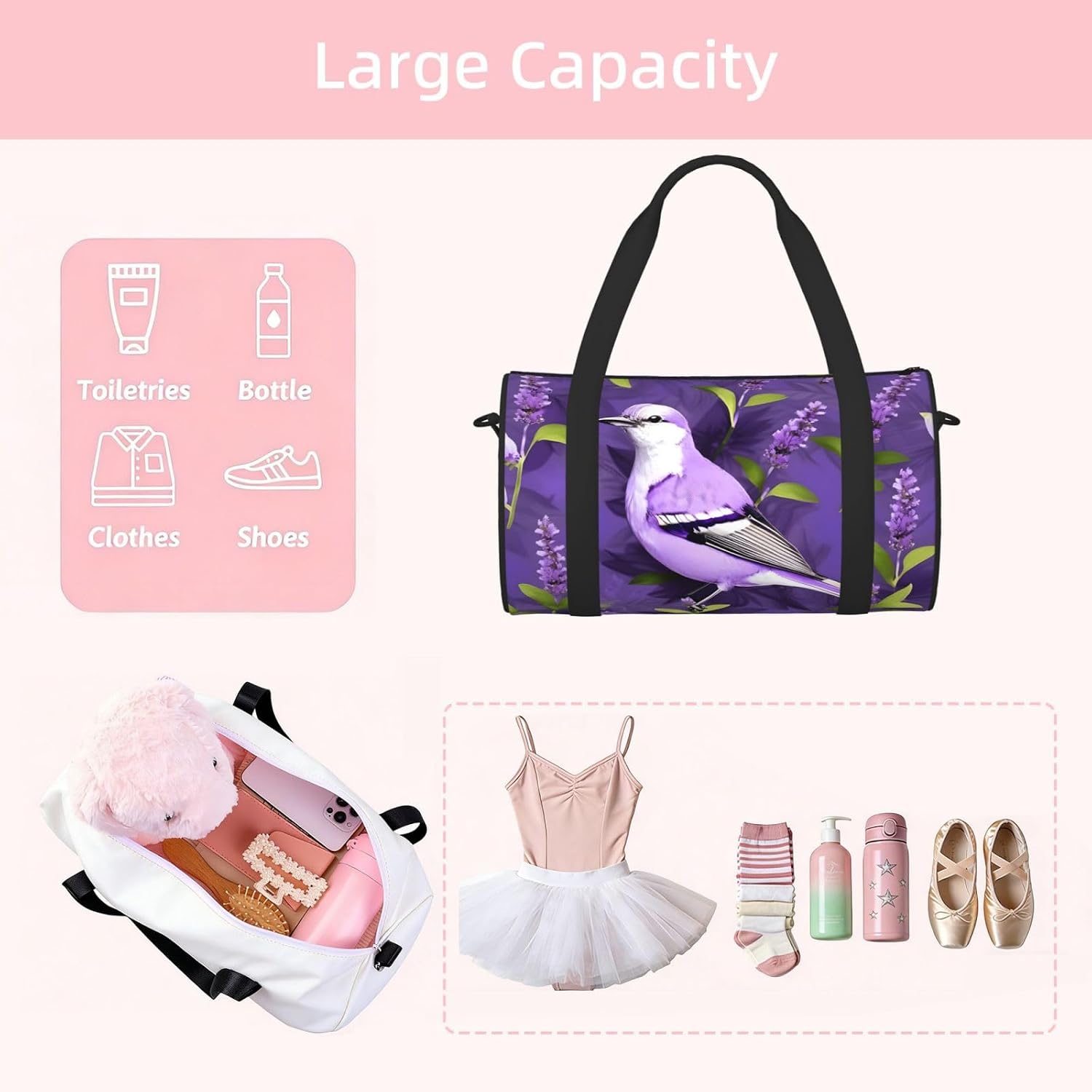 Bird In Purple Lavender Floral Flowers Print Sports Tote Bag Lightweight Water-Resistant Gym Backpack Travel Supplies
