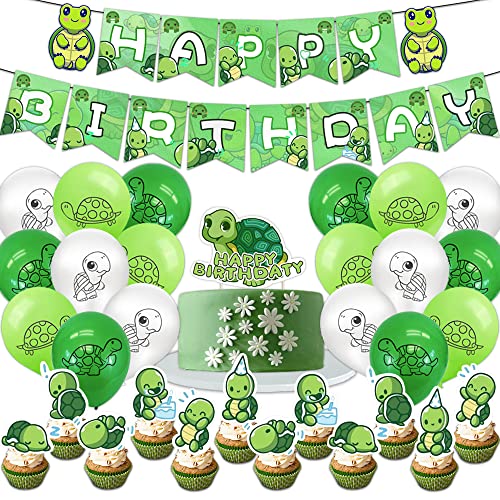 Dulousia Turtle Party Decorations - Green Turtle Happy Birthday Banner, Turtle themed Balloons, Cake Cupcake Toppers for Baby Shower Kids Birthday, Retirement Farewell Party, Graduation 32pcs