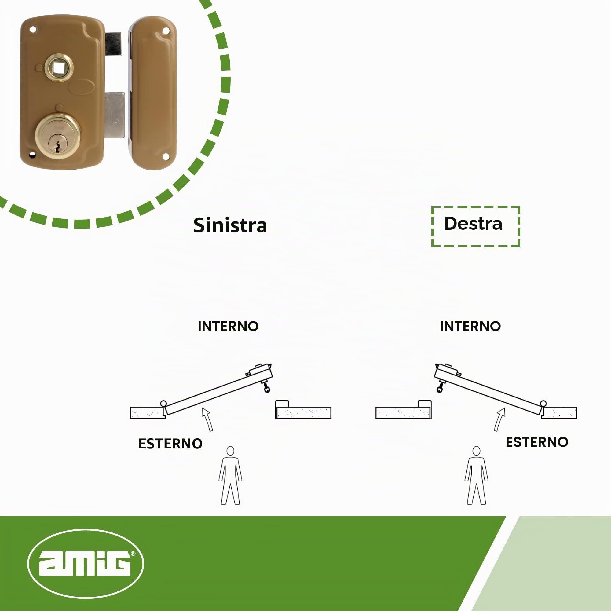 Amig - Serratura da sovrapposizione a destra con leva di chiusura, linguetta e maniglia per porte in legno mod. 75UN 66 x 120 mm Cilindro rotondo di sicurezza in acciaio dorato