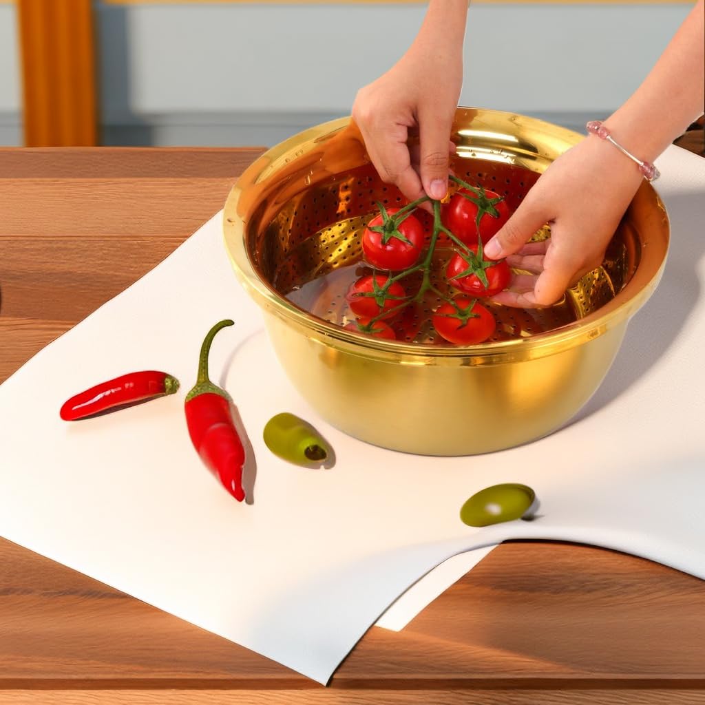 Multifunktionales Goldsieb aus Edelstahl, 3er-Set, große Kapazität, Küchensieb, Utensil zum Waschen von Gemüse, Obst und Kartoffeln, Karottenreibe