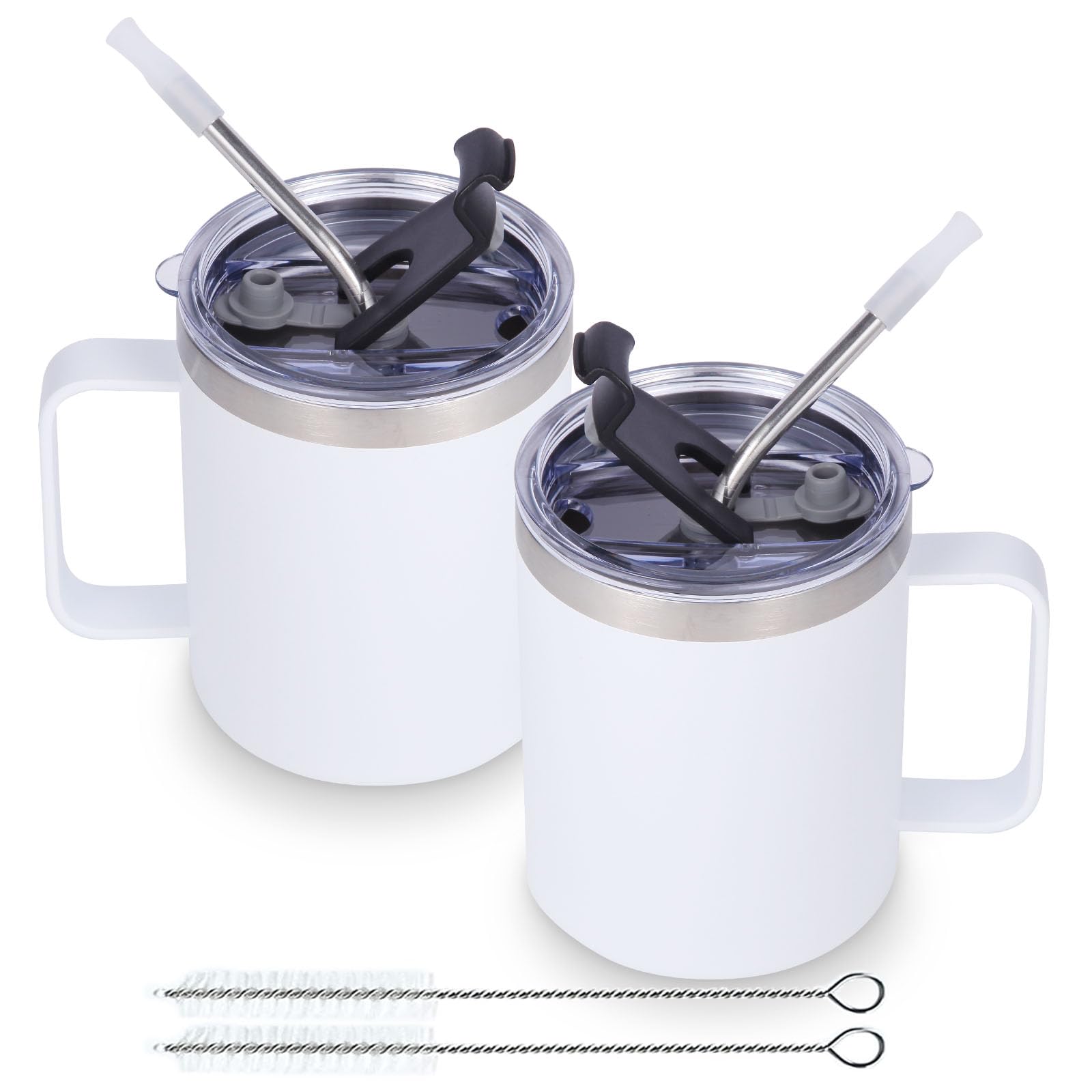 Volhoply 12oz Insulated Leakproof Coffee Mug with Sliding & Straw Lid Bulk 2 Pack,Double Wall Vacuum Stainless Steel Travel Tumbler Cup with Handle,Reusable Camping Mugs Keep Cold/Hot(White,2 Set)