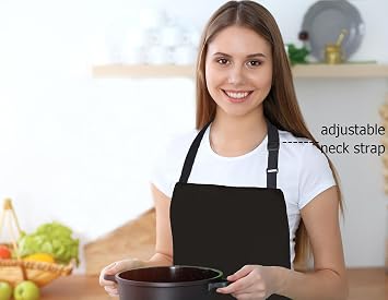 2 Pack Canvas Water Resistant Adjustable Bib Apron with 2 Pockets Long Ties Cooking Kitchen Restaurant Chef Aprons for Women Men (Black)