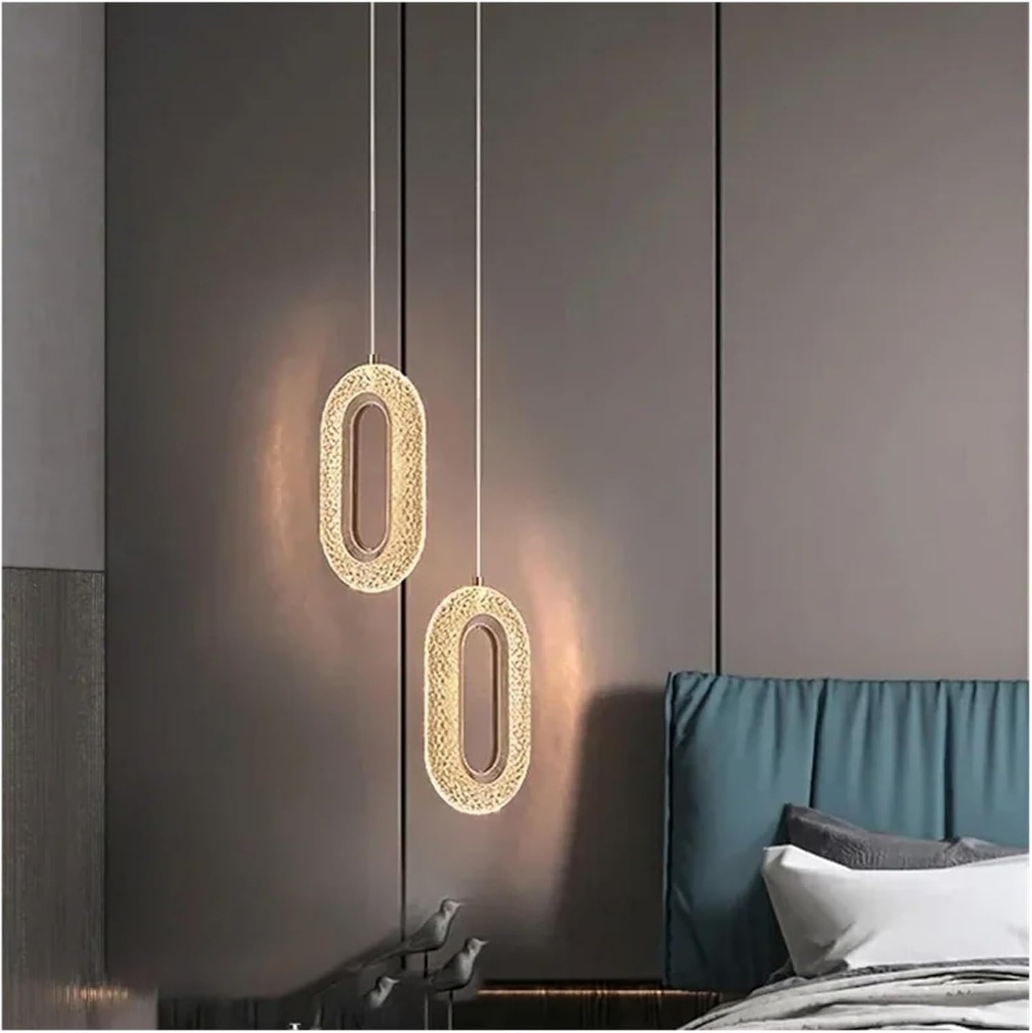 LNPTAL Modern Crystal Pendant Light, Luxury Gold Oval Hanging Lamp, 2-Light Geometric LED Chandelier for Living Room, Bedroom, Dining Table, Contemporary Indoor Art Decor