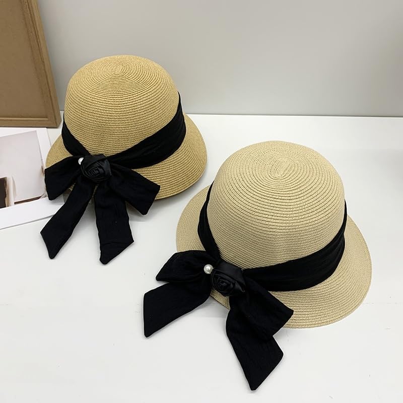 Sombrero de Paja para Mujer - Visera Ajustable de ala Ancha con Lazo Floral y Perla - Protección UV - Cómodo y Transpirable Playa y Actividades Al Aire Libre