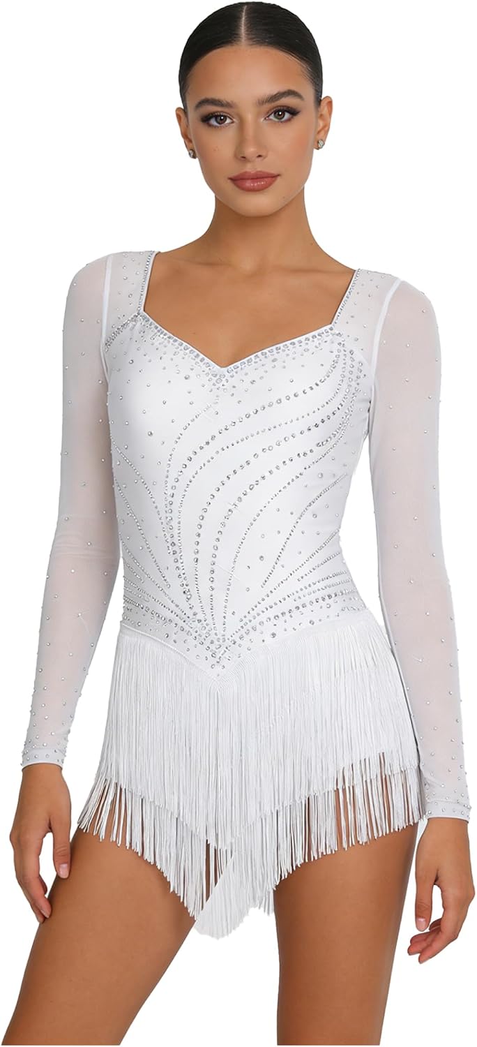 Women Sparkly Tassel Fringe Bodysuit Latin Dance Costume,