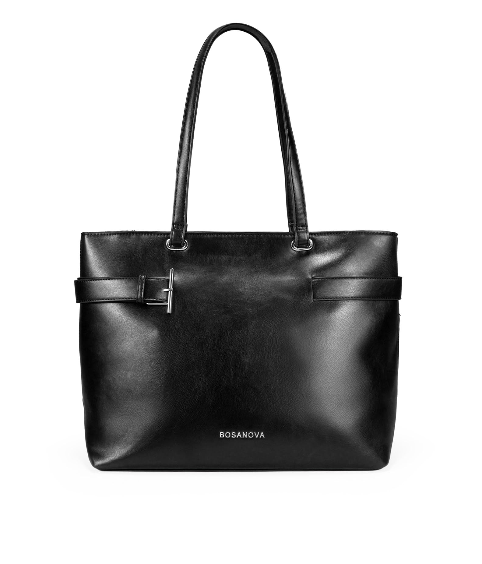 BOSANOVA Bolso de Hombro para Mujer con Hebilla Decorativa, Asas de Colgar y Compartimento Interior Acolchado para portátil. Cierre con Cremallera. Negro U