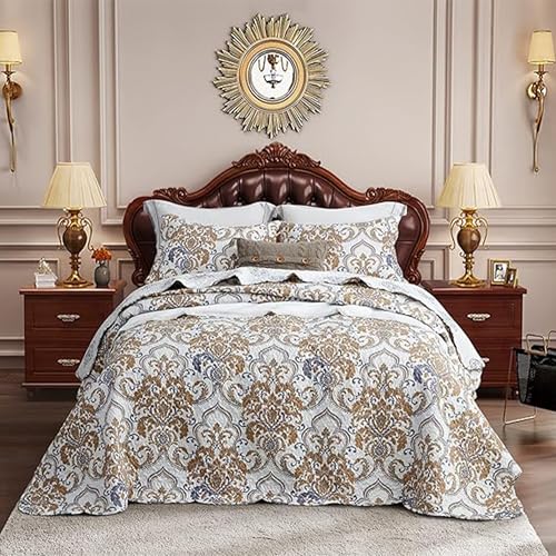 Image of CHIXIN Oversized King Bedspread 128x120 Extra Wide - European Damask Paisley Pattern - Classic & Gorgeous Bedding Cover, Lightweight, Ultra Soft, 5 Piece, 100% Microfiber, White /Khaki /Grey