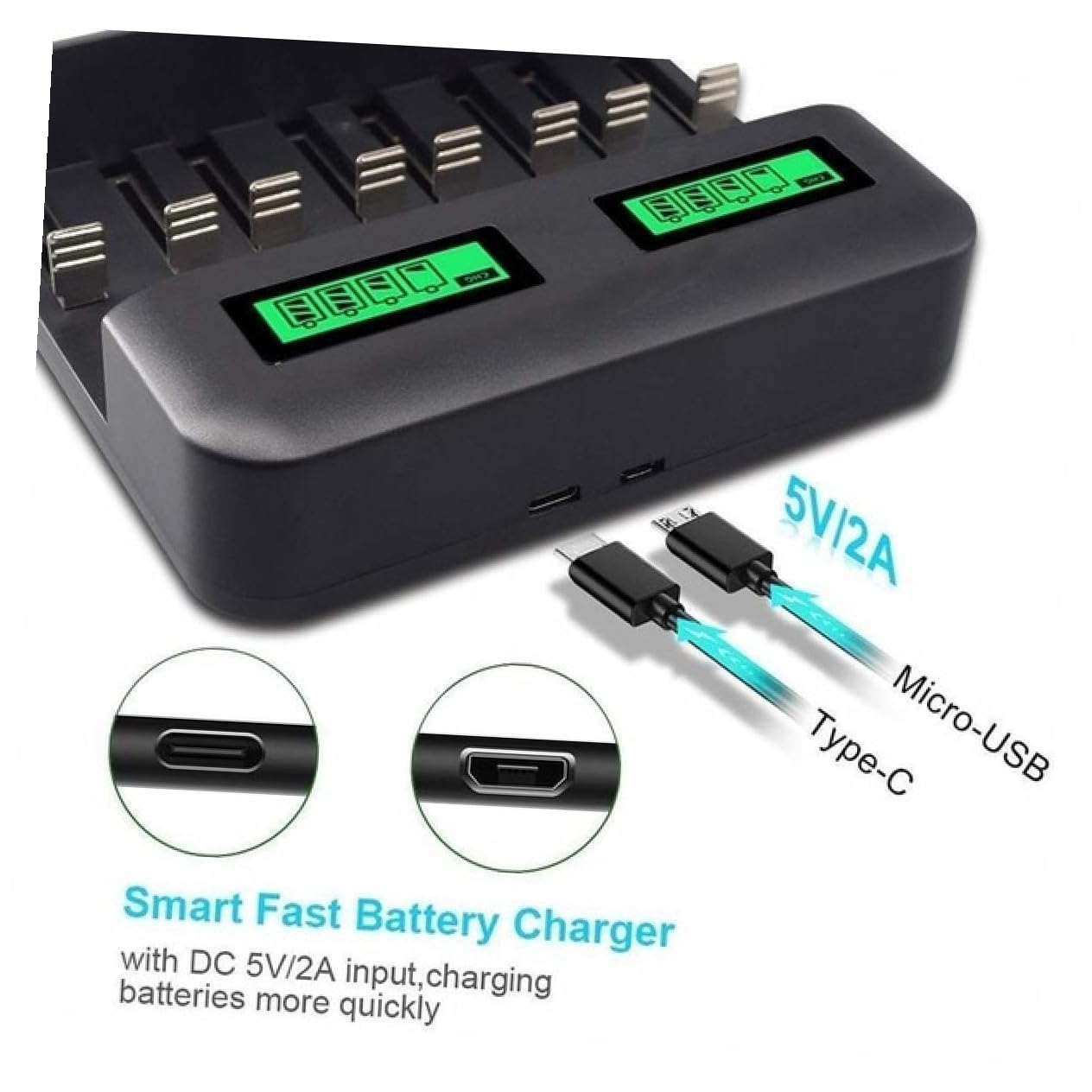 Cargador de Batería Inteligente USB de 8 Ranuras para AA y AAA