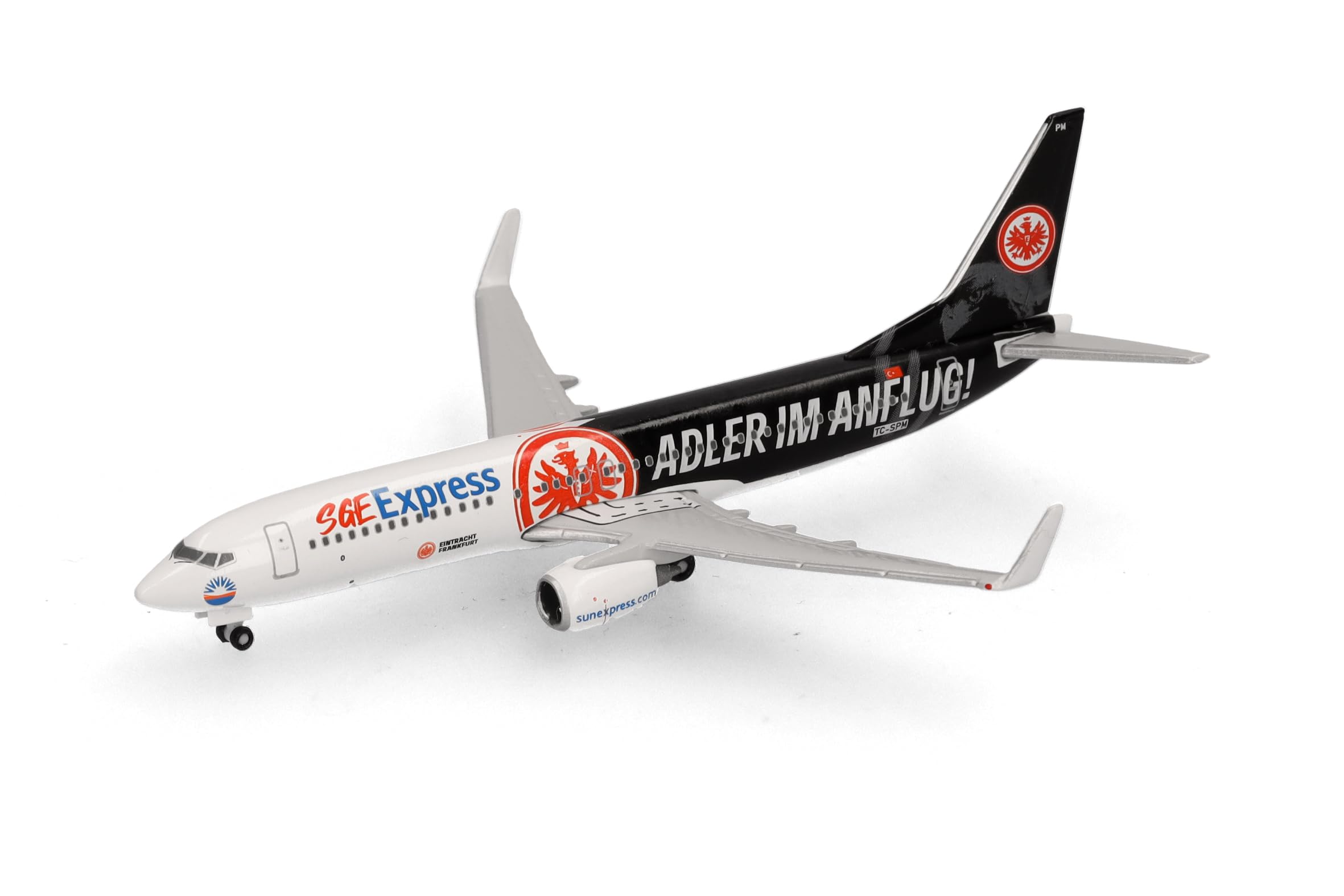 herpa avión en Miniatura Sun Express Boeing 737-800 "Eintracht Frankfurt - SGE Express - Adler im Anflug - TC-SPM, Escala 1:500, artículo de colección, Modelo sin Base, Metal