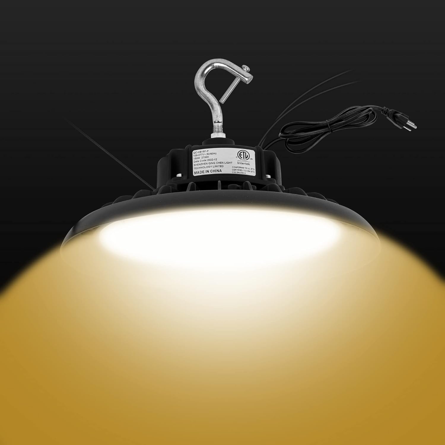 Q QINGCHEN Warm White 3000K 2700K LED High Bay Light 150W 0-10v Dimmable,ETL Certified Full Spectrum UFO LED Shop Light