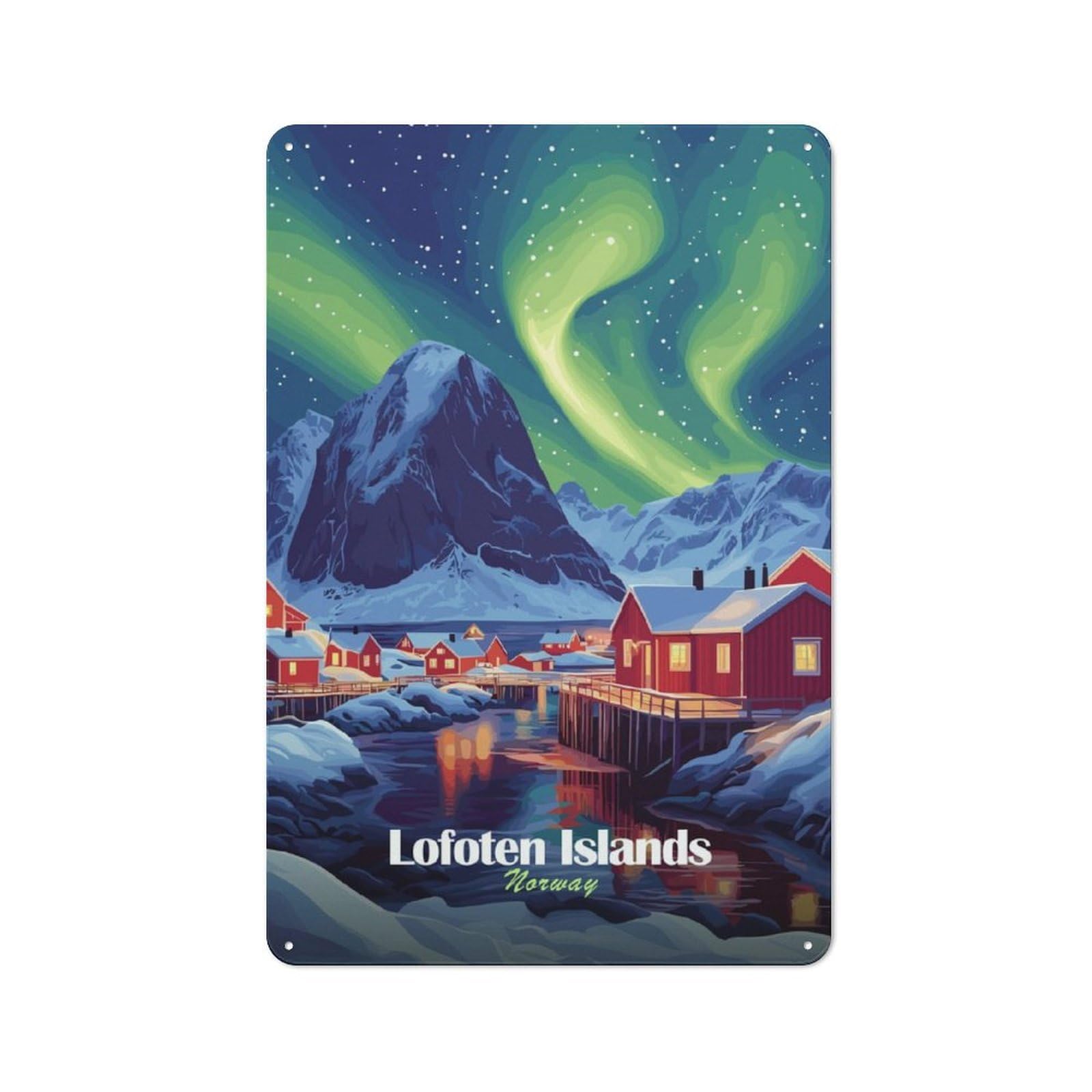 Junmoney Lofoten Islands Aurora Borealis Metal Sign 30X20cm With For Pub Or Café, Retro Decor, Suited To Café Interior Fans