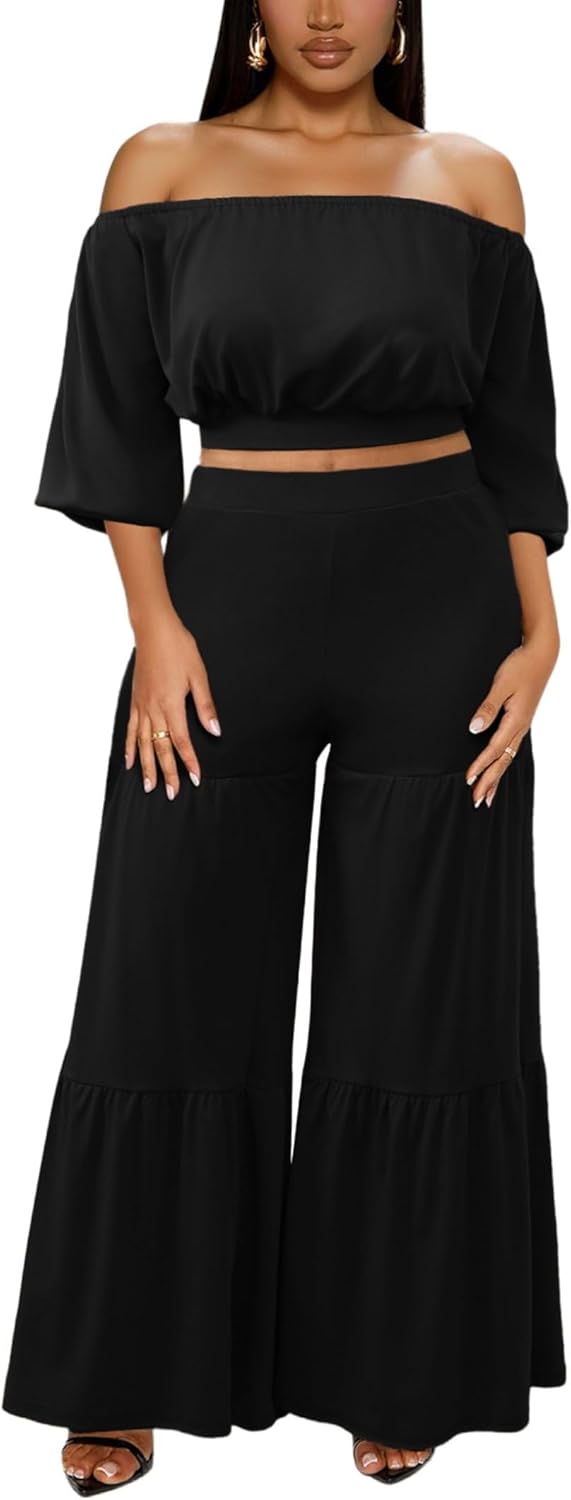 Two Piece Sets for Women Dressy Off Shoulder Crop Tops and Wide Leg Ruffle Pant Set Sexy Outfits - Image 2