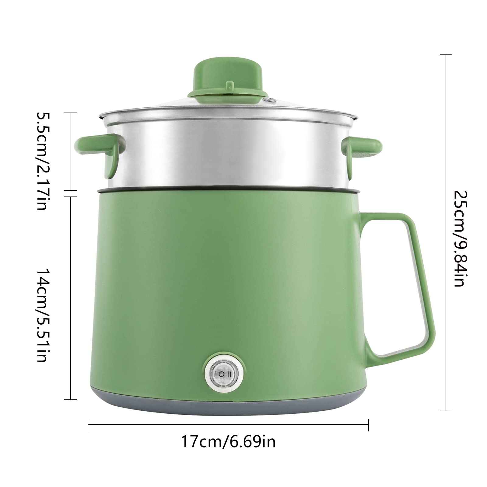 Olla eléctrica de 1,7 l, 300 W y 600 W, doble potencia, vaporizador y revestimiento antiadherente, enchufe de la UE, ideal para hotpot y viajes, color verde