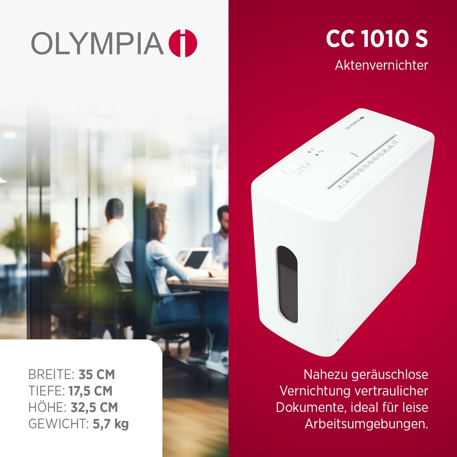 Olympia CC1010S Aktenvernichter 10 Blatt P4 Partikelschnitt – Leiser Papierschredder für Büro & Home Office – Dokumente, Kreditkarten & Papier sicher schreddern – 10 L Auffangbehälter