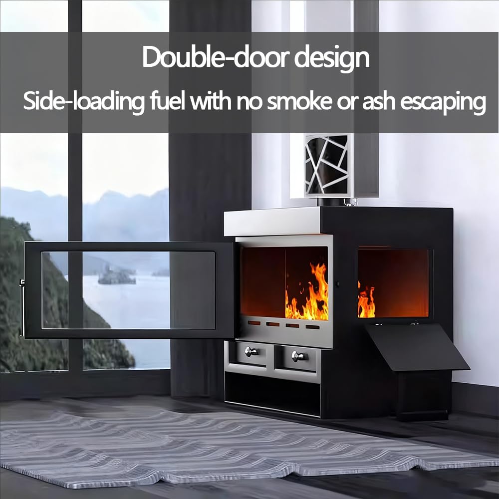 Stufa a Legna 8kW, Rendimento 85% per 120 m³, RRØ 100mm,Stahlofen mit Verglasung,Rivestimento Refrattario,für Jede Wohnung & Zuhause