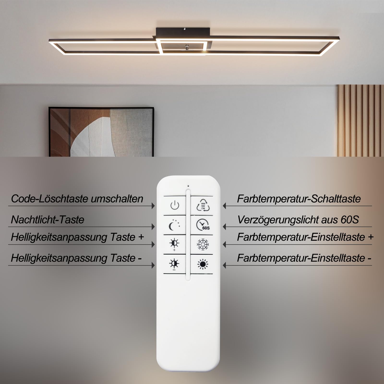 Homefire Deckenlampe Wohnzimmer LED Deckenleuchte: 36W Modern Küchenlampe | Stufenloses Dimmbar 3000K - 6500K Schwarz Wohnzimmerlampe mit Fernbedienung Deckenbeleuchtung für Küche Schlafzimmer