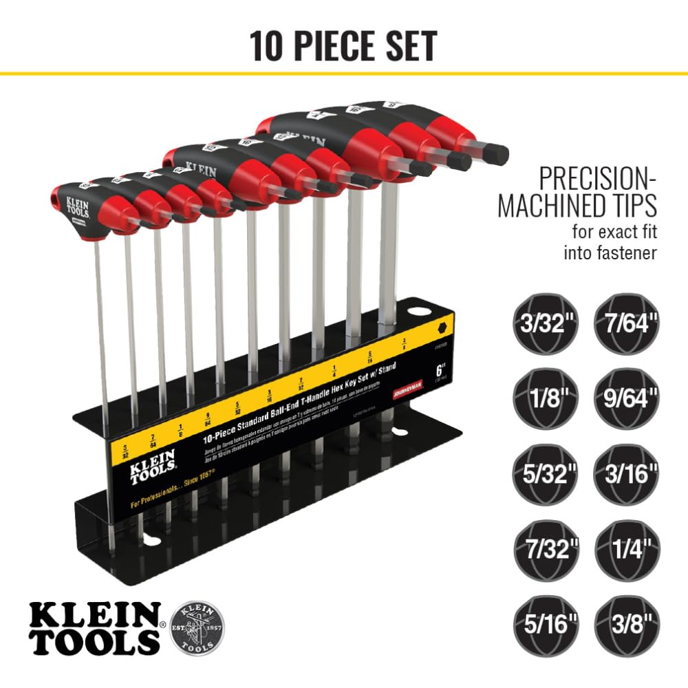 KLEIN TOOLS JTH610EB Zestaw kluczy imbusowych z uchwytem w kształcie litery T, zestaw kluczy imbusowych SAE z ostrzami 15 cm, stojak w zestawie, 10-częściowy