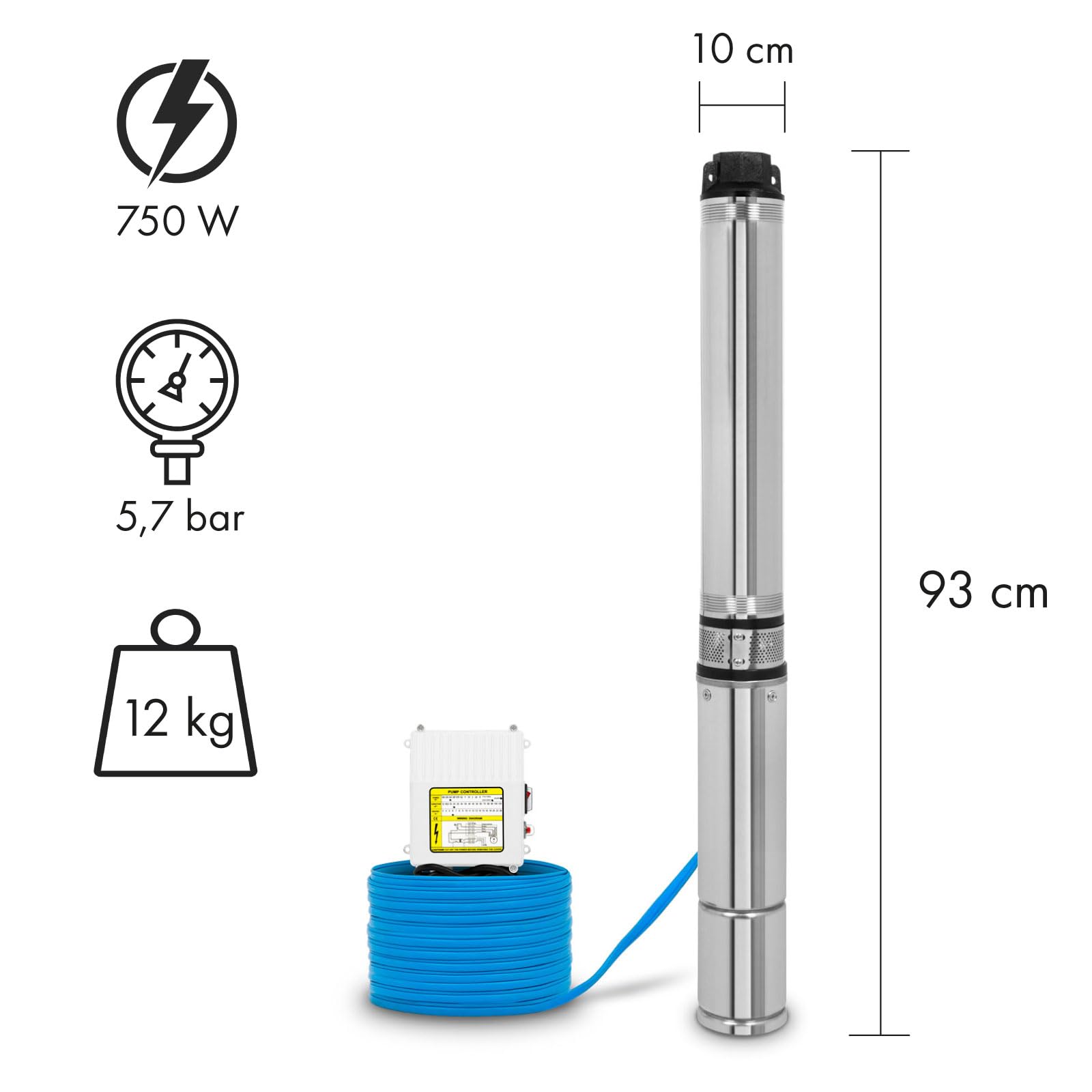 EBERTH 4" Pompa głębinowa ze stali nierdzewnej, elektryczna 750 W, średnica pompy 4 cale (10 cm), gwint przyłączeniowy 1 1/2 cala, kabel zasilający 20 m, maks. wysokość tłoczenia 56 m