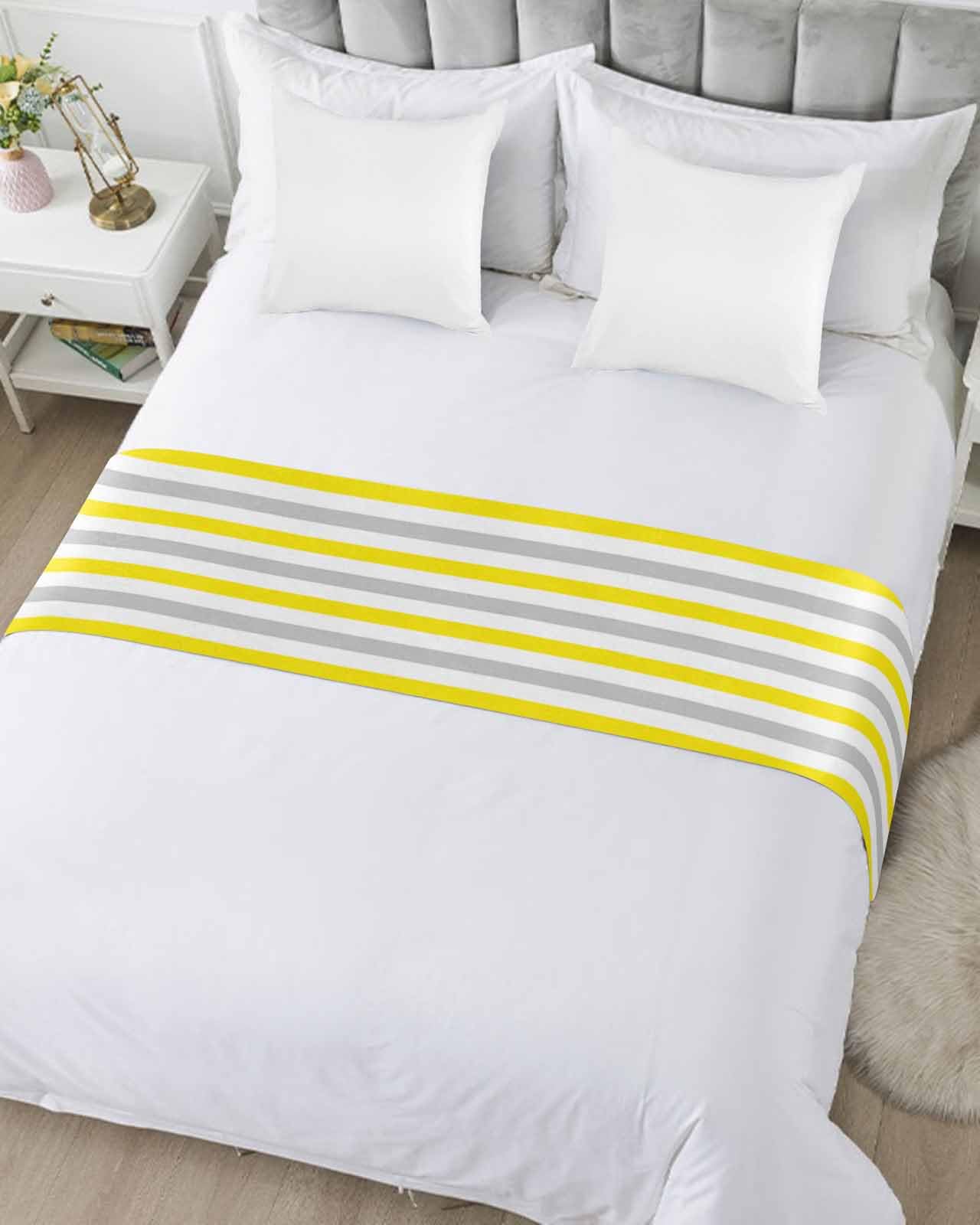 Queen Bed Runner Yellow and Grey Stripes Bedding Runner Scarves Decorative Bed Scarf, Farmhouse Modern Striped Soft Bed Runners for Bedroom Hotel Wedding 94x20IN