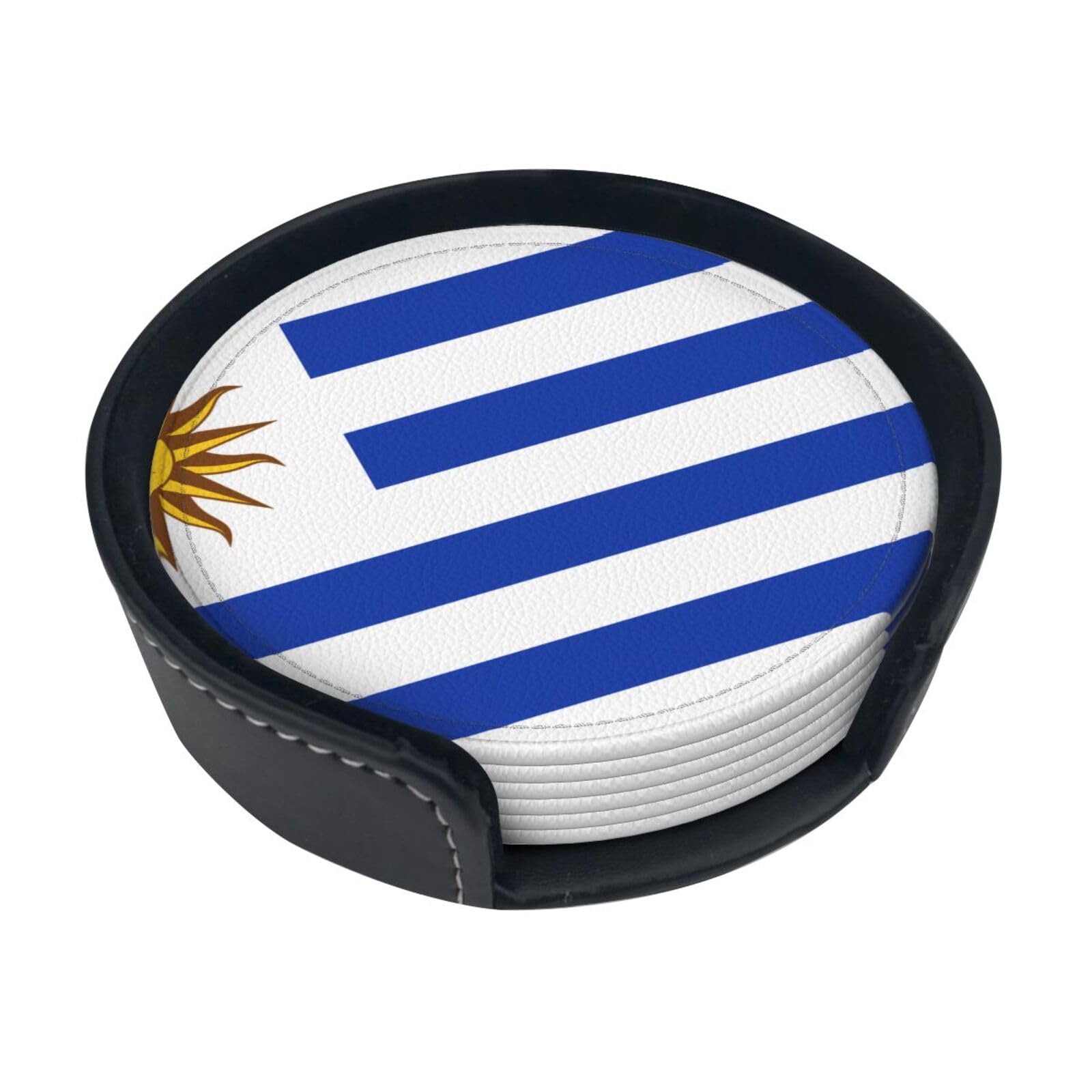 Cntdbu White Flag Of Uruguay Leather Coasters Set Of 6-Pu Leather Drink Mats For Table, Heat Resistant Round Coasters With Holder