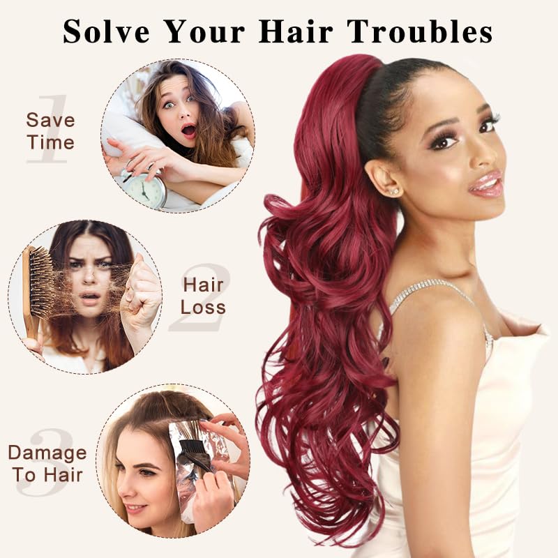 HMD Long Wavy Ponytail Extension 24 Inch Curly Drawstring Ponytail Synthetic Hairpiece for Women Fluffy Natural Looking Hair for Daily Party