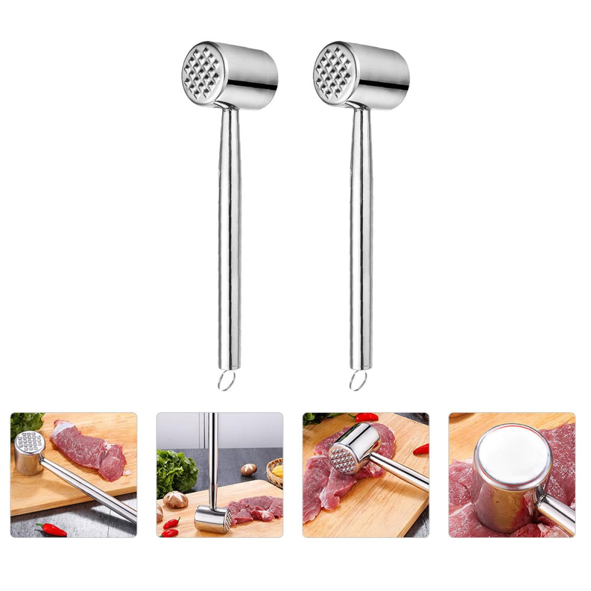 ABOOFAN Fleischklopfer aus Edelstahl 2 Stück für Küche, Silber | Ergonomischer Griff, Aufhängbar, für Gemüse und Kaffeepulver, Praktisches Küchenhelfer