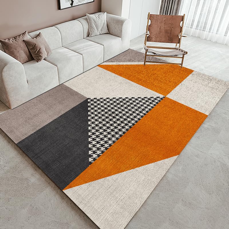 Tappeto Salotto Moderno Lavabile 140 x 160 cm Tappeti Camera da Letto Tappeto Pelo Corto Antiscivolo Morbido Tappeti Moderni Soggiorno Grandi Moderno geometrico arancione nero