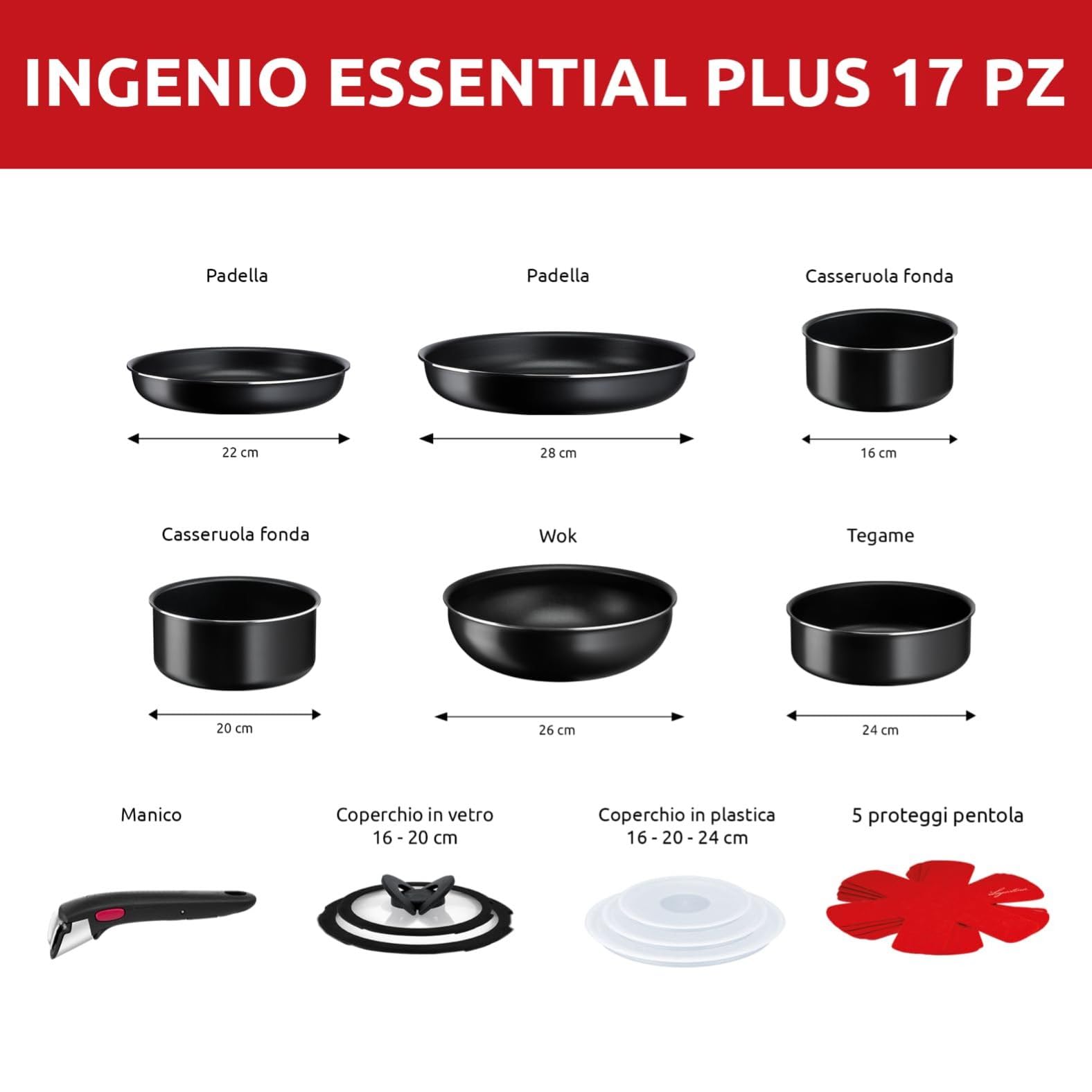 Lagostina Ingenio Essential Plus Set di Pentole, Alluminio per Gas e Forno (no induzione), 17 Pezzi, 2 Casseruole Fonde, 2 Padelle, Tegame, Wok, 5 Coperchi, 5 Proteggi Padella e Manico Removibile