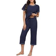 KCW Womens Pajama Sets 100% Cotton Pjs Set Short Sleeve Tops and Capri Pants 2 Piece Lounge Set with Pockets S-XXL