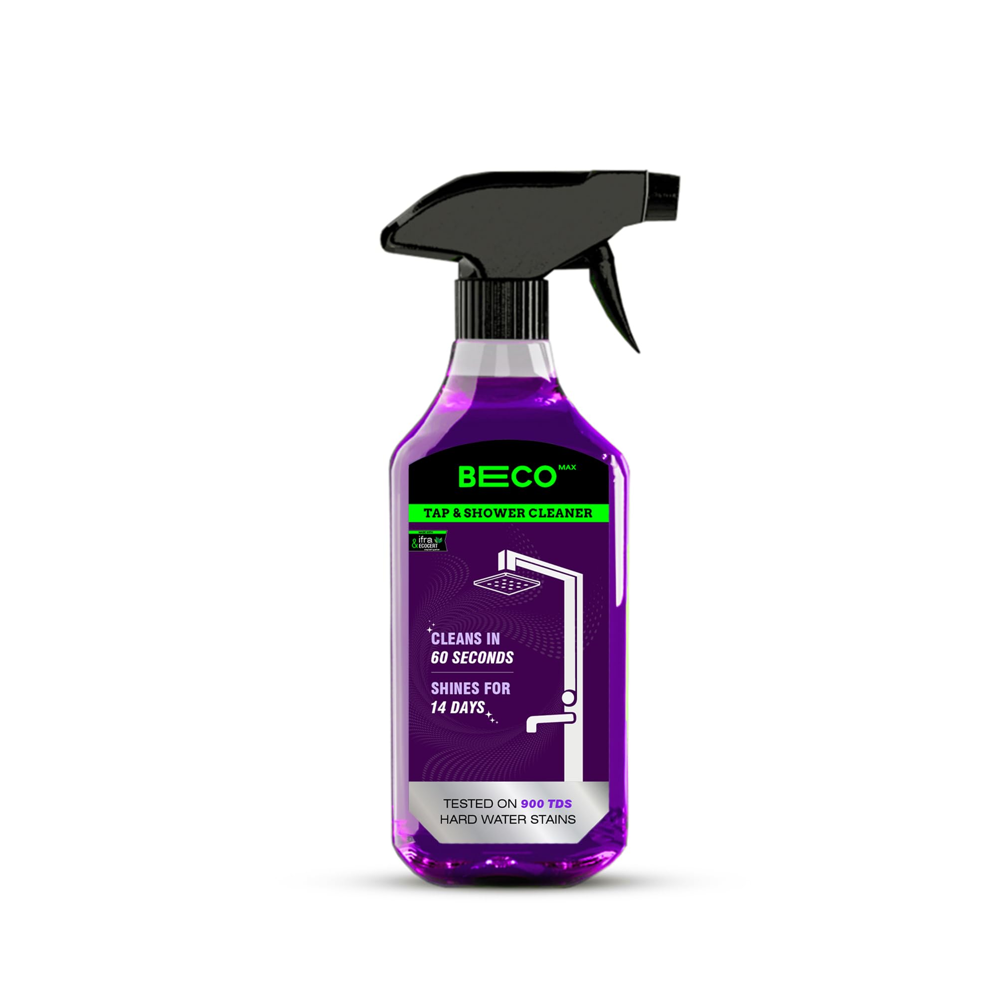 Beco Max | Tap and Shower Cleaner - 500 ml | Instantly Removes Limescale and Hard Water stains | Cleans in 60 seconds | Maximum Shine | Suitable for Taps, Shower heads, Faucets, Tiles, Mirrors