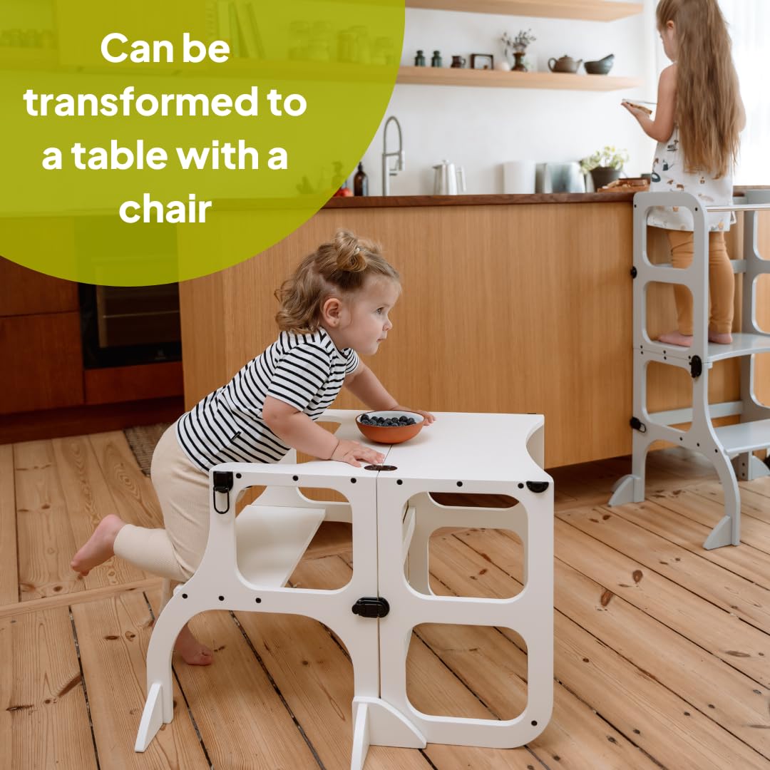 Ette Tete Step’n’Sit® Montessori Torre - Mesa de Aprendizaje Convertible • Multifuncional 2 en 1 • con Patas de Apoyo adicionales (con Cierres de latón Antiguo, Negro)