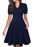 Womens Summer Short Puff Sleeve Casual Semi-Formal Fit and Flare Church Wedding Guest Work Dresses with Pockets