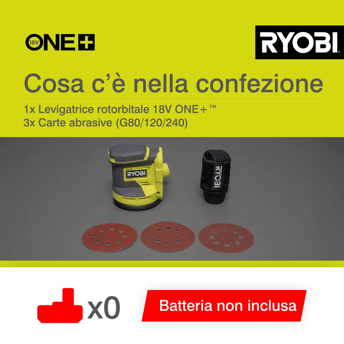 Ryobi Levigatrice Rotorbitale 18V ONE+, Diametro Disco 125mm, Velocità 10.000 Giri/Minuto, Diametro Orbita 2.5mm, 20.000 Oscillazioni al Minuto, Senza Batteria e Caricatore, RROS18-0