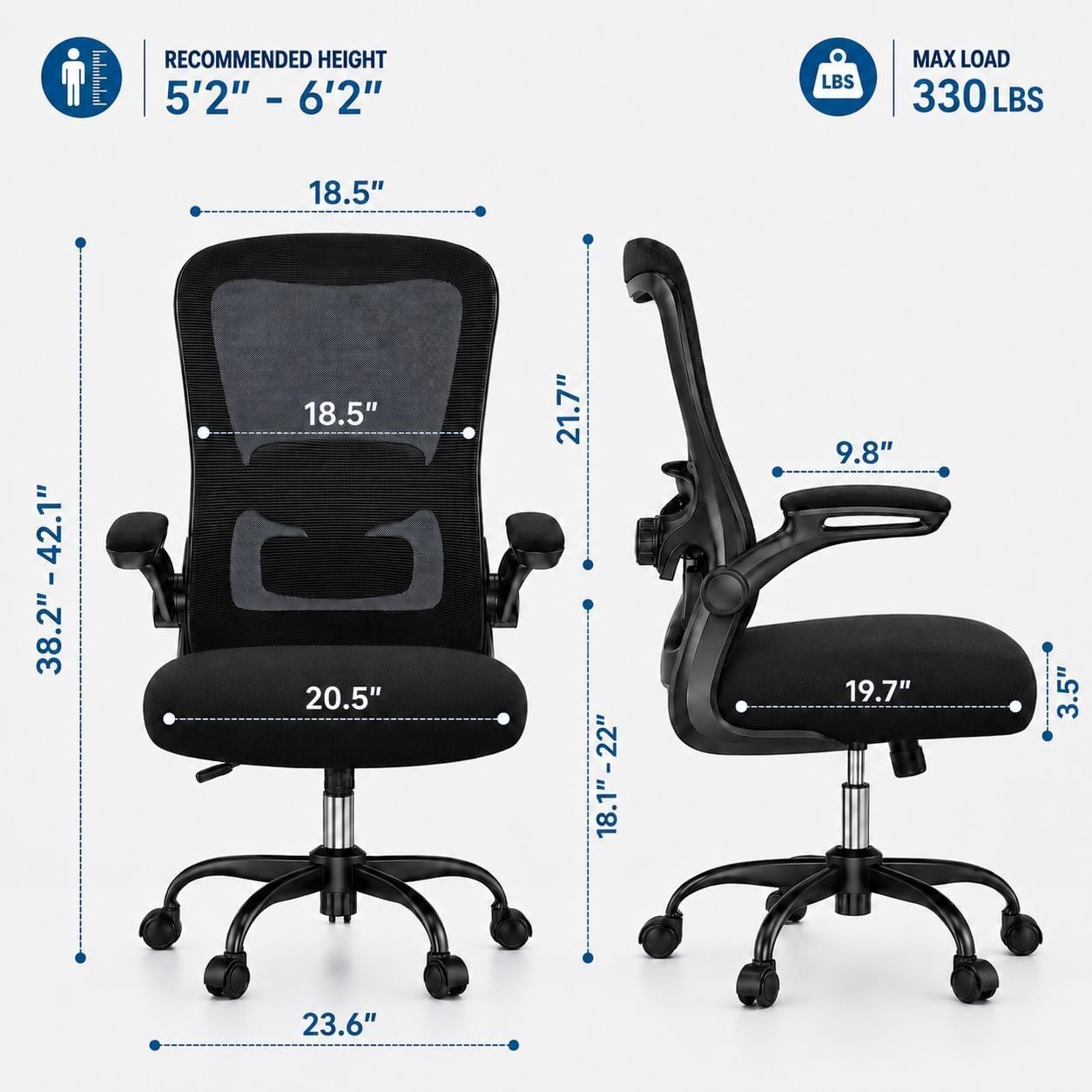 Ergonomic Office Chair for Long Hours, Adjustable Padded Lumbar Support for Lower Back Relief, 330 lb Capacity, Comfortable Computer Desk Chair for Home Office, Work & Study