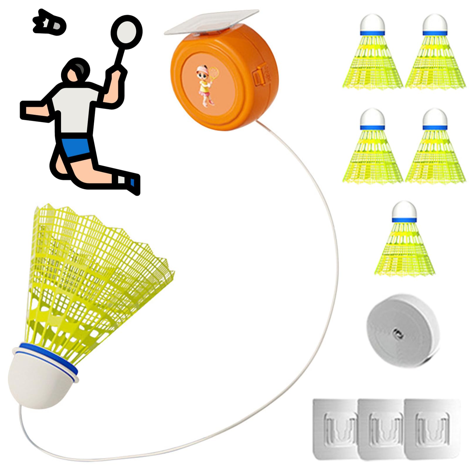Badminton Training Tool, Self Practice Trainer Aid, Badminton Training Kit Practice Equipment, Self-Study Stretch Badminton Rebound Device Elastic Badminton Trainer Set (6 Balls without racket)