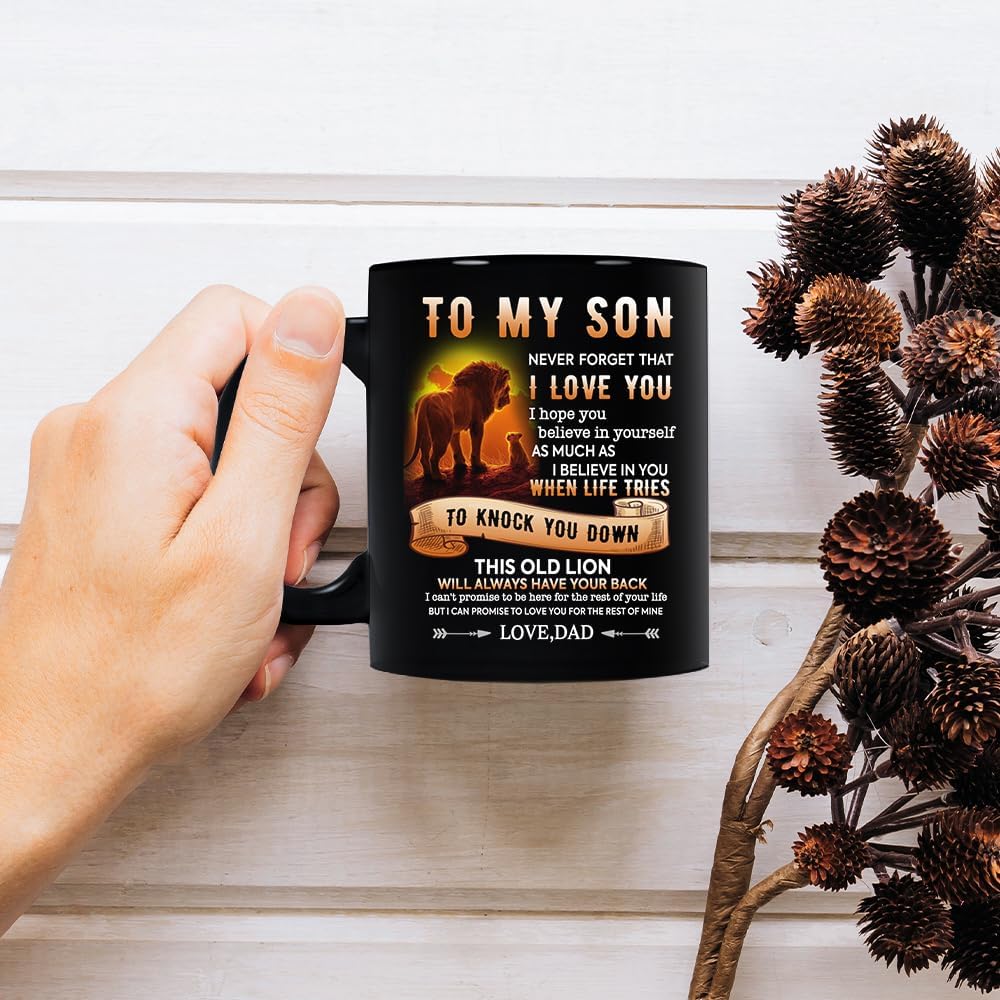 Fatbaby Birthday Coffee Mug Gifts for Son From Dad,Dad To My Son Gifts for Christmas Thanksgiving Farewell,Male Lion Black Tea Cup 11OZ