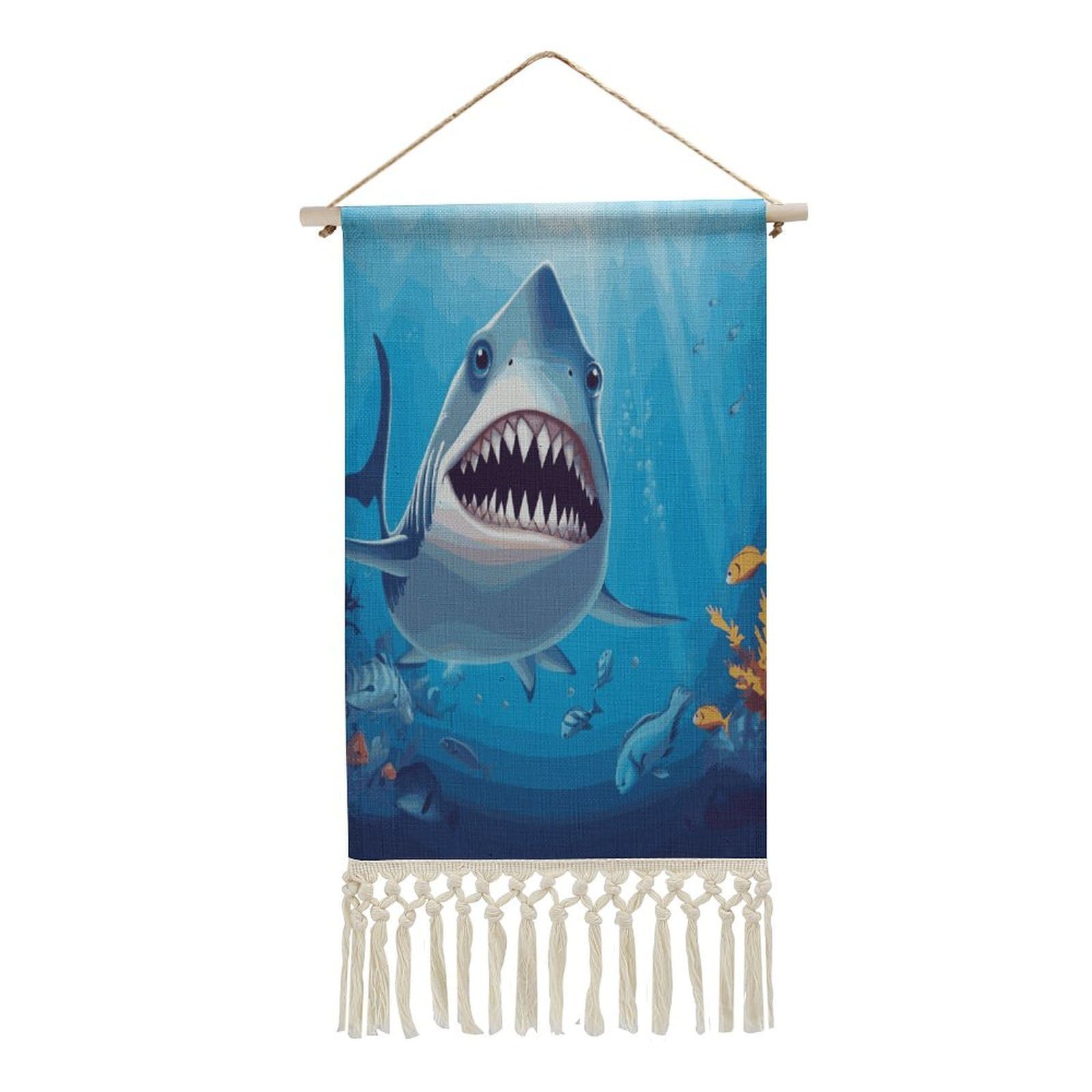 Adfgyerh Style Smiling Shark Tapestry With Tassels Cotton And Linen Hanging Posters, Wall Art For Travel Gift, Wall Tapestry For Office Home Decor Bedroom Living Room Decor