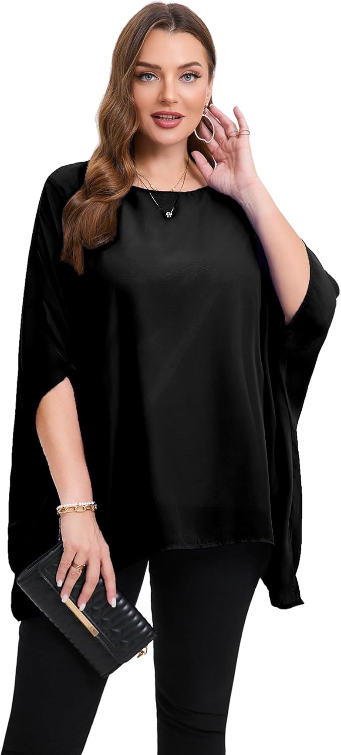 Womens 3/4 Batwing Sleeve Plus Size Elegant Summer Cape Blouse Scoop Neck Oversized Long Casual Tunic Tops Shirts - Image 4