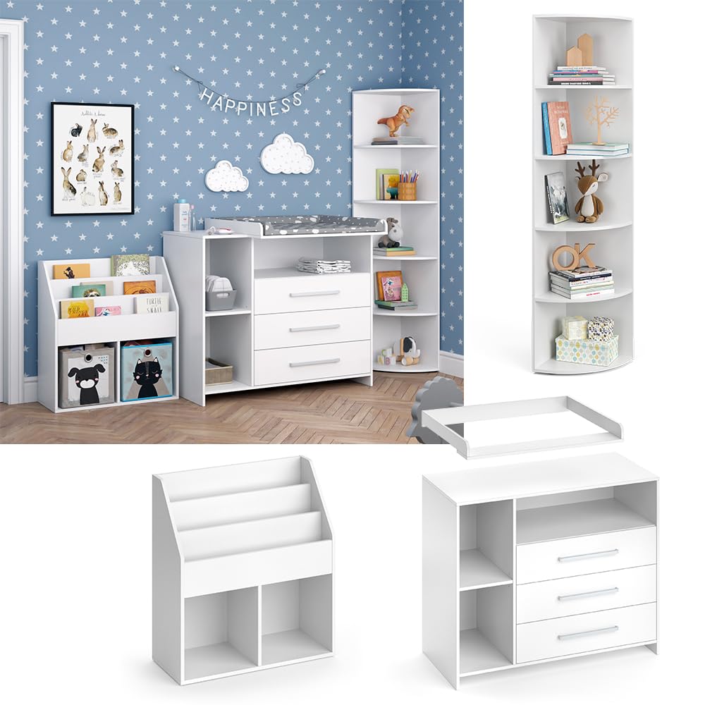 Vicco Set mobili bambini Oskar bianco 3 parti fasciatoio scaffale giocattoli libreria convertibile cassettiera