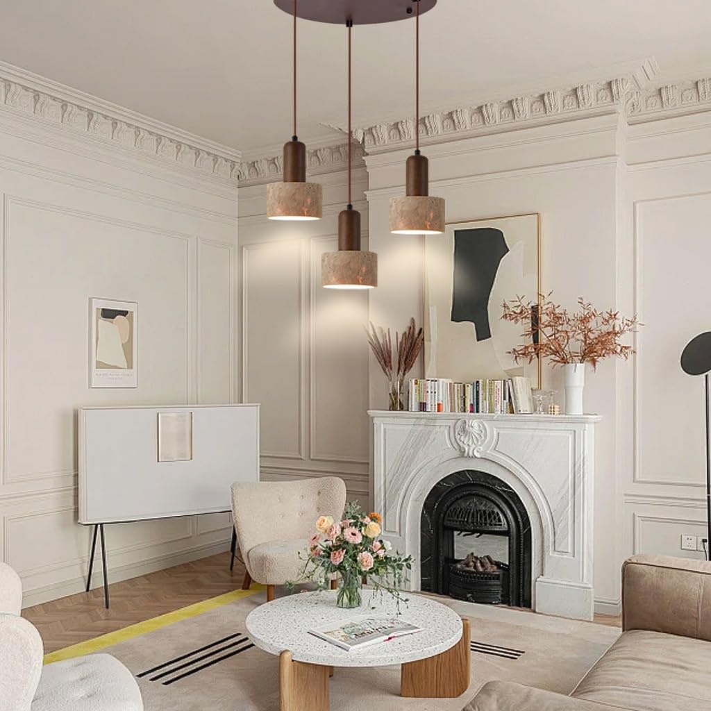 Lampa Wisząca E27 Z Naturalnego Kamienia W Stylu Skandynawskim Lampa Wisząca W Stylu Retro Z Drewna Stylu Japońskim Wabi-sabi Nadaje Się Do Sypialni Salonu Jadalni Wyspy Kuchennej(D2)