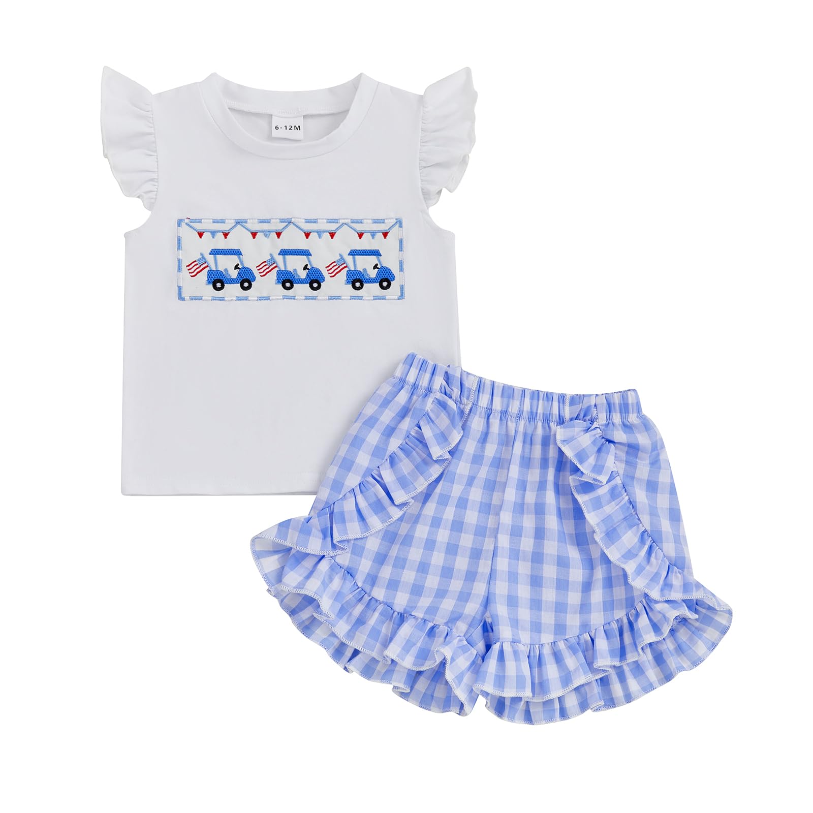 Gaono Toddler Baby Girl 4th of July Outfit American Flag Embroidered Fly Sleeve T-shirt Plaid Ruffle Shorts Set (Blue, 3-6 Months)