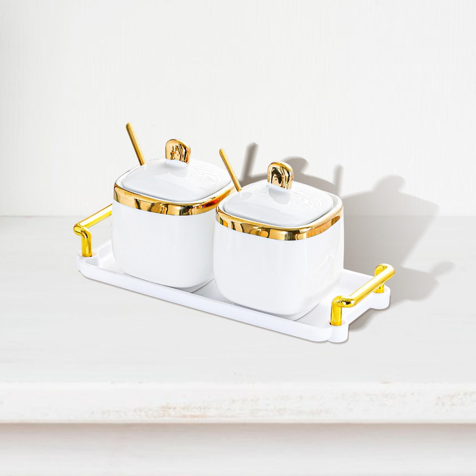 Porzellan Gewürzbehälter, Gewürzbehälter, Aufbewahrungsbox für Lebensmittel, Salz Zucker Behälter mit Löffel für Urlaub, Arbeitsplatte, Bar, Zuhause, 2 Gläser Gold